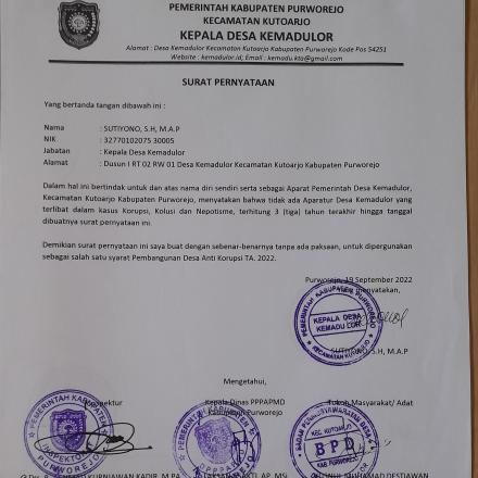 SURAT PERNYATAAN TIDAK KORUPSI PEMDES KEMADULOR